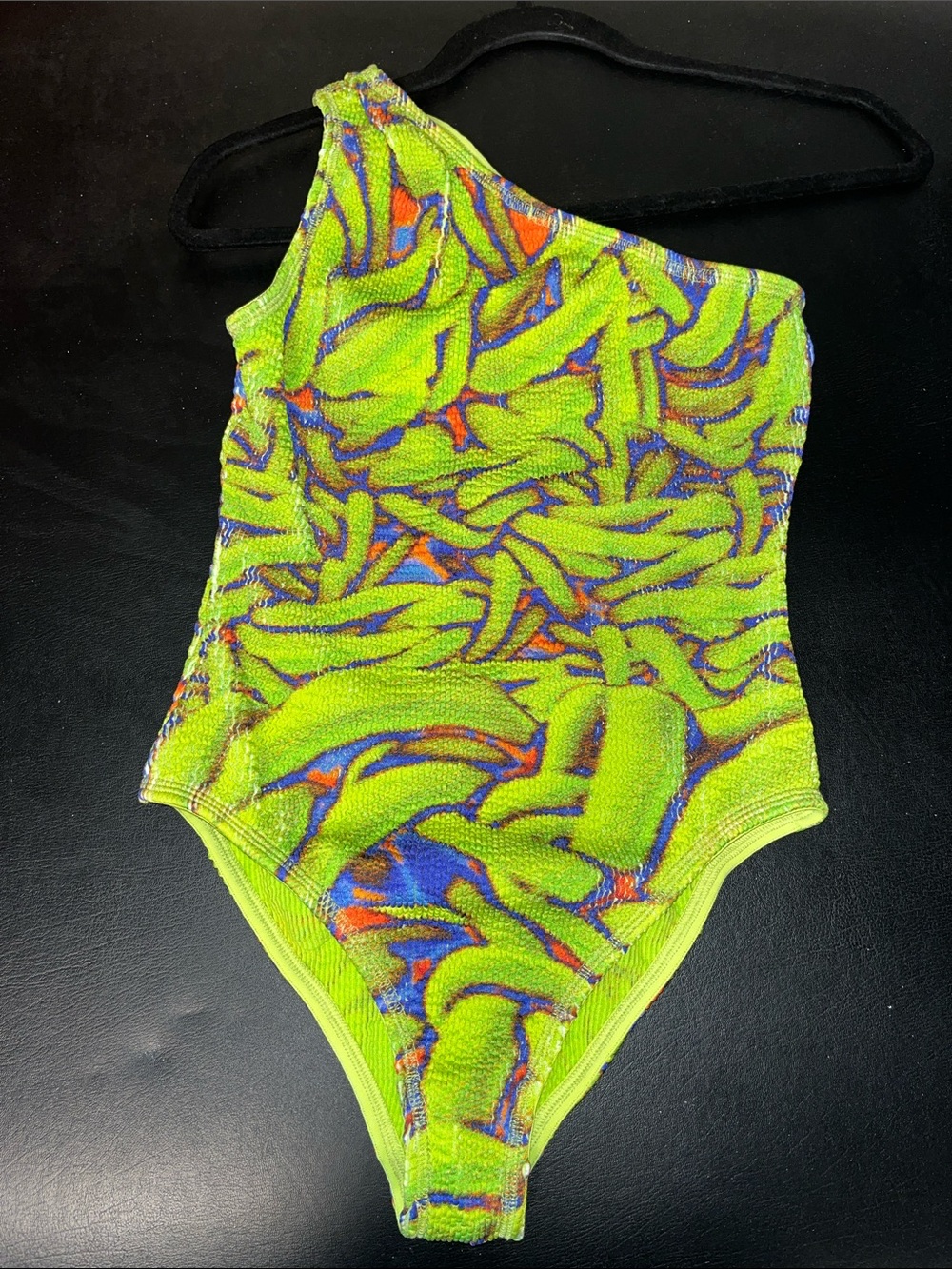 Bottega Veneta Neon Lime Green bananas swimsuit crinkle one shoulder small